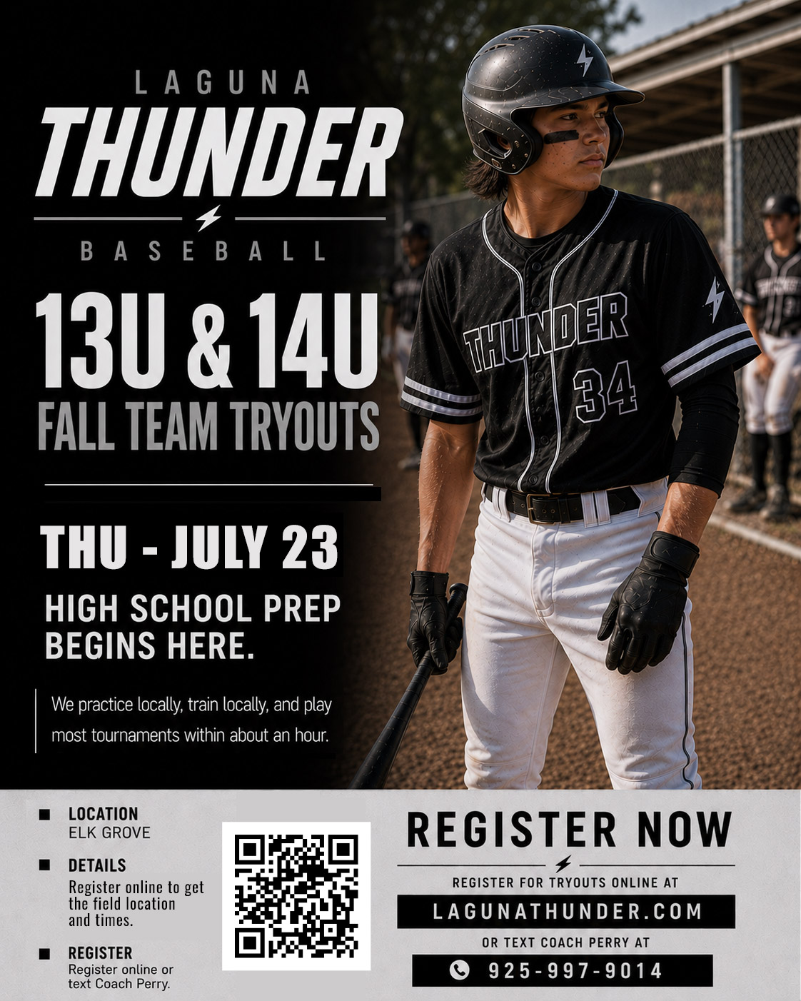 Laguna Thunder 13U and 14U fall team tryouts flyer for Thursday, July 23